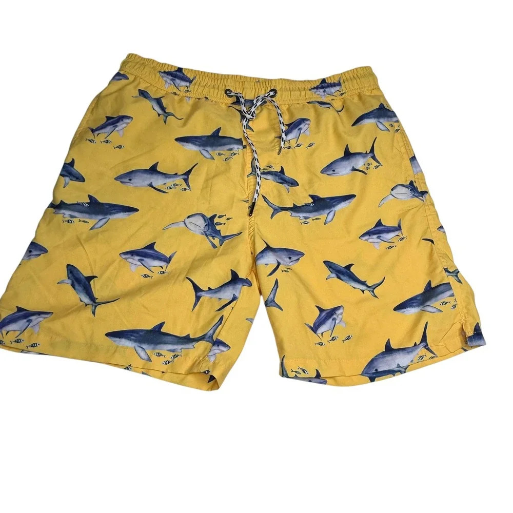 Snapper Rock Mens Yellow Shark Print‎ Swim Trunks Shorts Size L